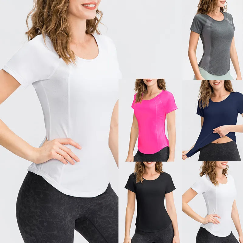 Femme - T-shirt de yoga respirant à séchage rapide, haut de sport à manches courtes, fitness, entraînement, course à pied