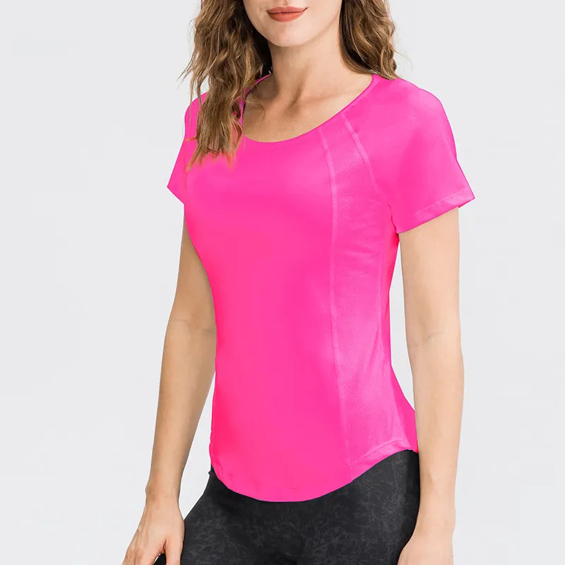 Femme - T-shirt de yoga respirant à séchage rapide, haut de sport à manches courtes, fitness, entraînement, course à pied