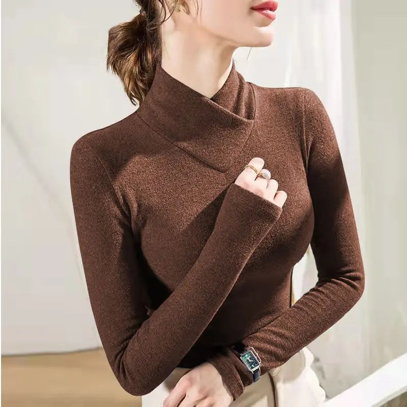 Femme - manches longues, col mi-haut, sous-couche, optique de superposition, velours fin, fibre chauffante