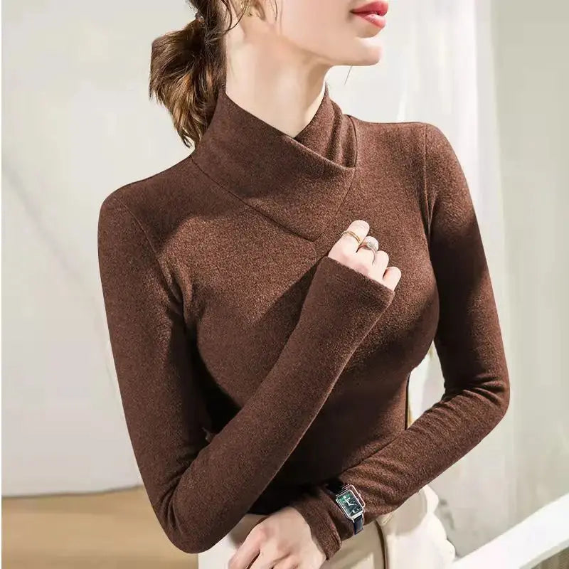 Femme - manches longues, col mi-haut, sous-couche, optique de superposition, velours fin, fibre chauffante