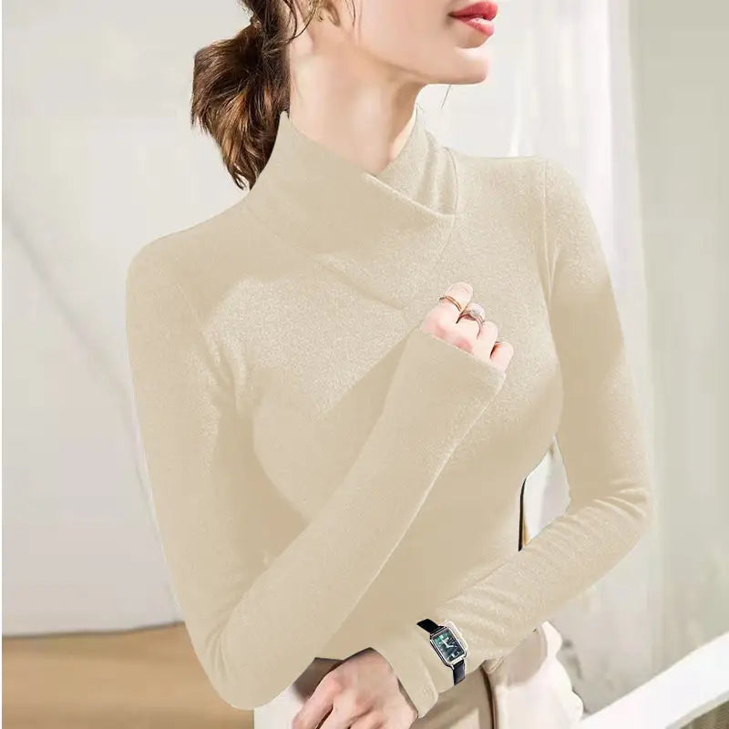 Femme - manches longues, col mi-haut, sous-couche, optique de superposition, velours fin, fibre chauffante