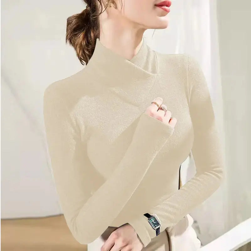 Femme - manches longues, col mi-haut, sous-couche, optique de superposition, velours fin, fibre chauffante