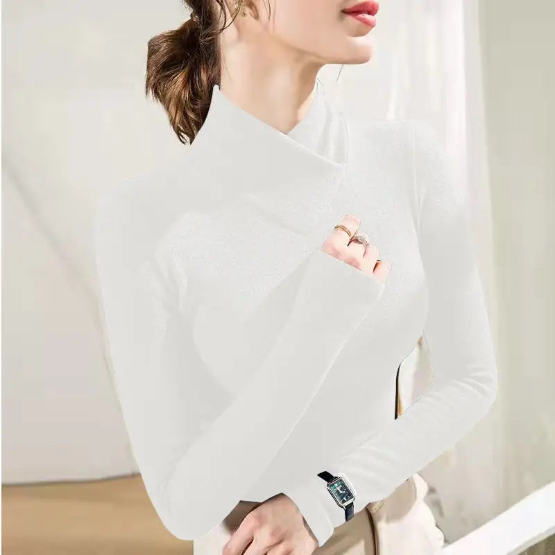 Femme - manches longues, col mi-haut, sous-couche, optique de superposition, velours fin, fibre chauffante