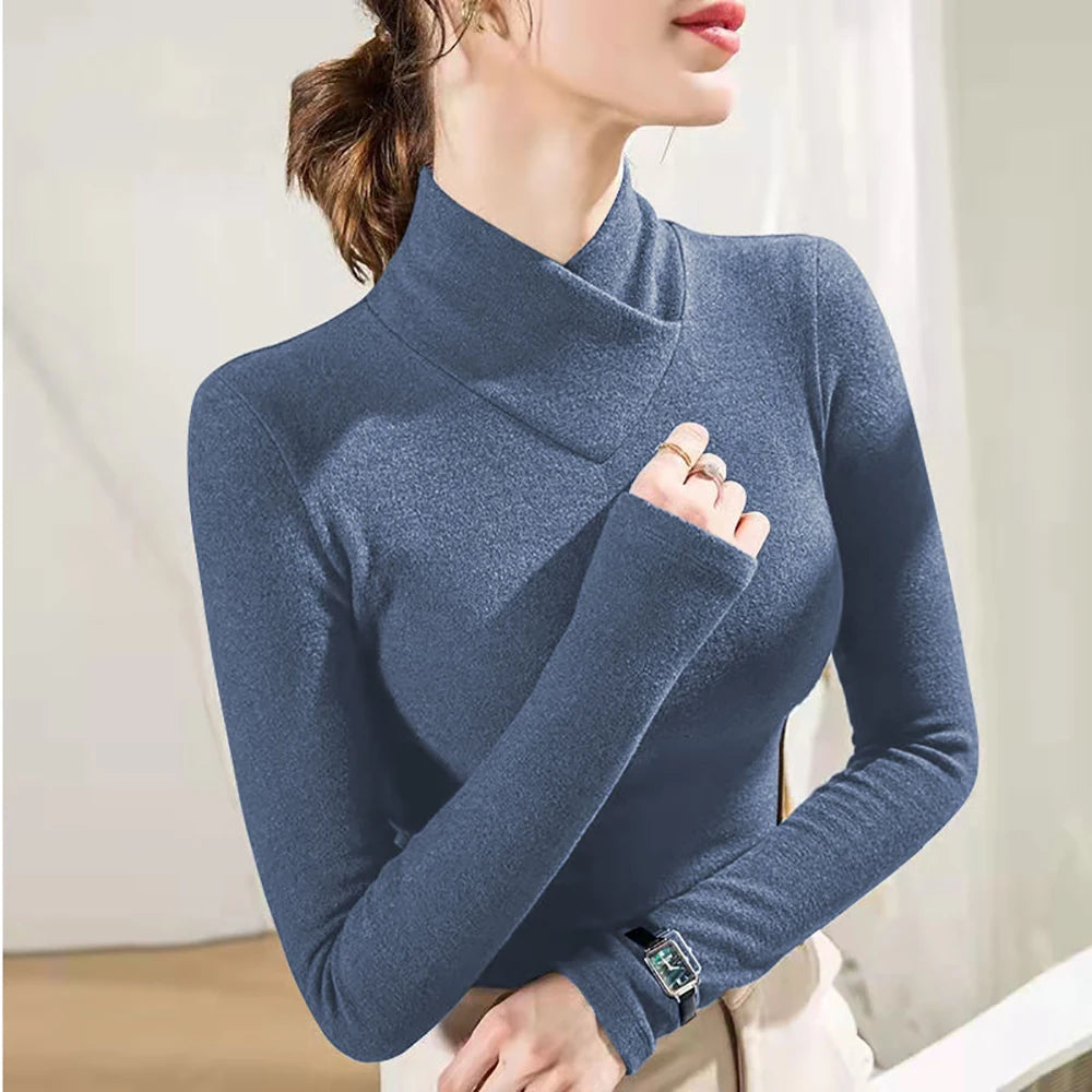 Femme - manches longues, col mi-haut, sous-couche, optique de superposition, velours fin, fibre chauffante