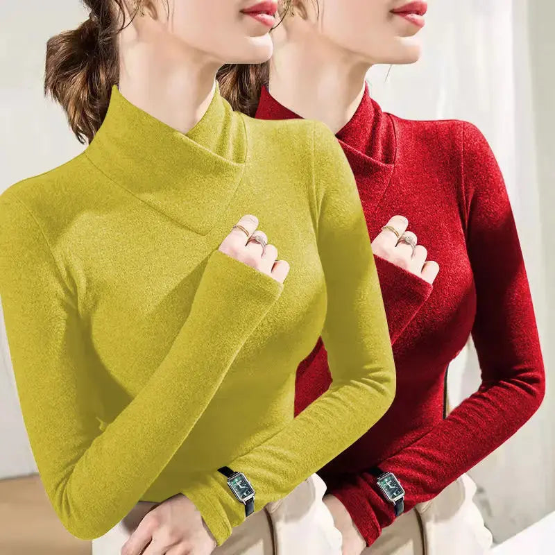 Femme - manches longues, col mi-haut, sous-couche, optique de superposition, velours fin, fibre chauffante