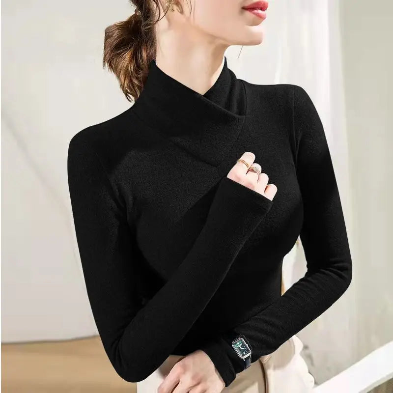 Femme - manches longues, col mi-haut, sous-couche, optique de superposition, velours fin, fibre chauffante