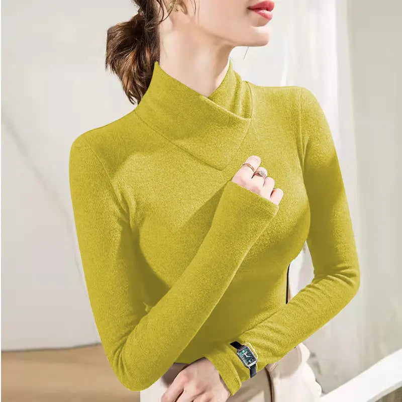 Femme - manches longues, col mi-haut, sous-couche, optique de superposition, velours fin, fibre chauffante