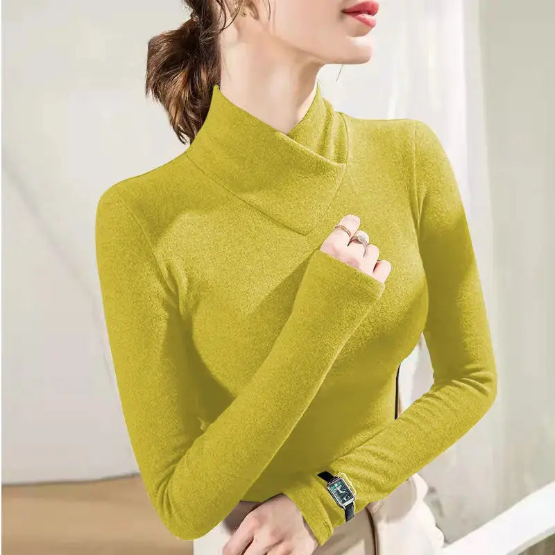 Femme - manches longues, col mi-haut, sous-couche, optique de superposition, velours fin, fibre chauffante