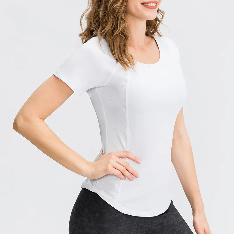 Femme - T-shirt de yoga respirant à séchage rapide, haut de sport à manches courtes, fitness, entraînement, course à pied