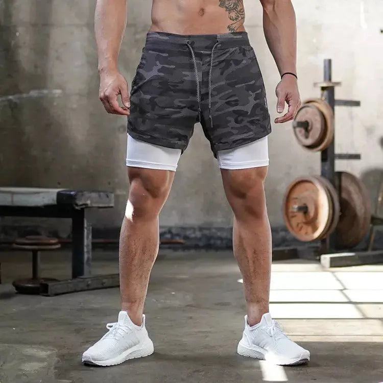 Homme - Short de course camouflage 2 en 1, entraînement, gym, fitness, jogging