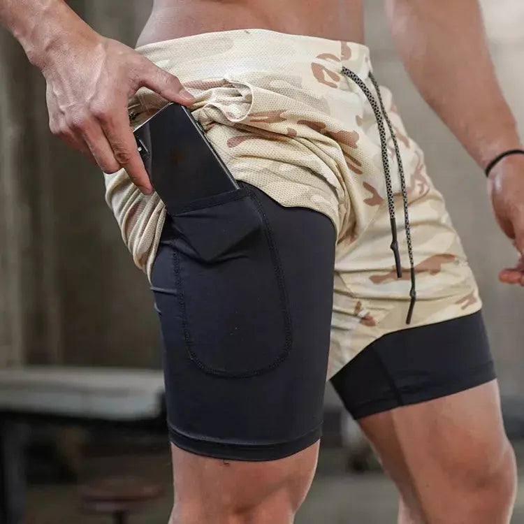 Homme - Short de course camouflage 2 en 1, entraînement, gym, fitness, jogging