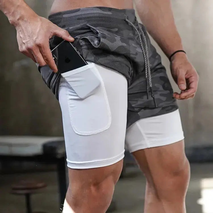 Homme - Short de course camouflage 2 en 1, entraînement, gym, fitness, jogging