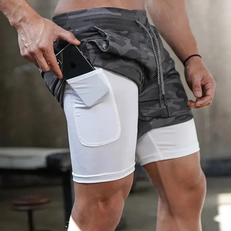 Homme - Short de course camouflage 2 en 1, entraînement, gym, fitness, jogging