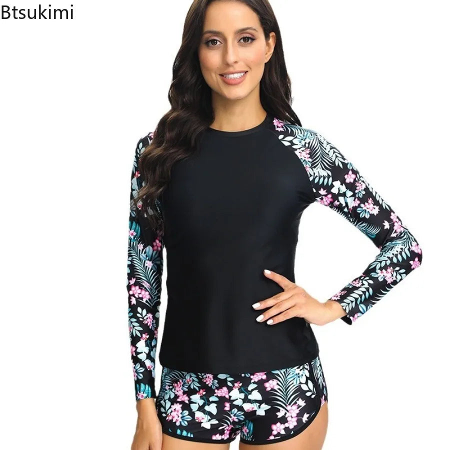 Maillot de bain à manches longues , ensemble deux pièces avec short, vêtements de plage, surf, piscine, sport, été