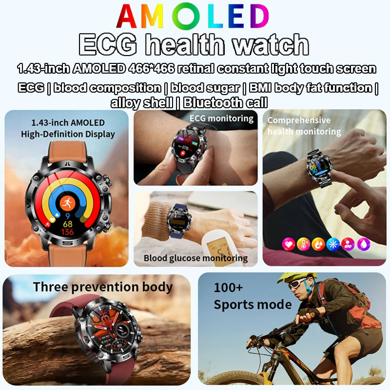 Montre intelligente de sport professionnelle, luxe, mesure sucre dans le sang, lipides, acide urique, pression artérielle, appel BT, montre intelligente, appel bluetooth, haute qualité