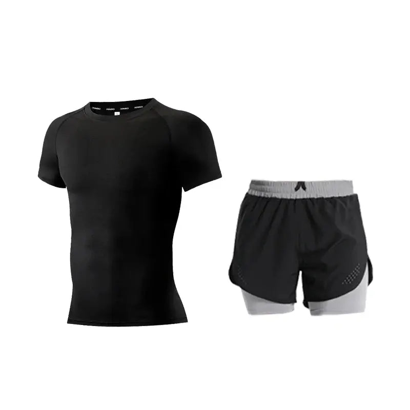 Ensemble de Fitness moulant pour hommes, survêtement à manches courtes à séchage rapide, faux Short de deux pièces, vêtements de gymnastique respirants