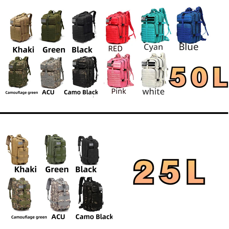 Sac à dos 25L/50L imperméable, nylon 1000D, multi-activités - randonnée, camping, chasse, pêche, trekking