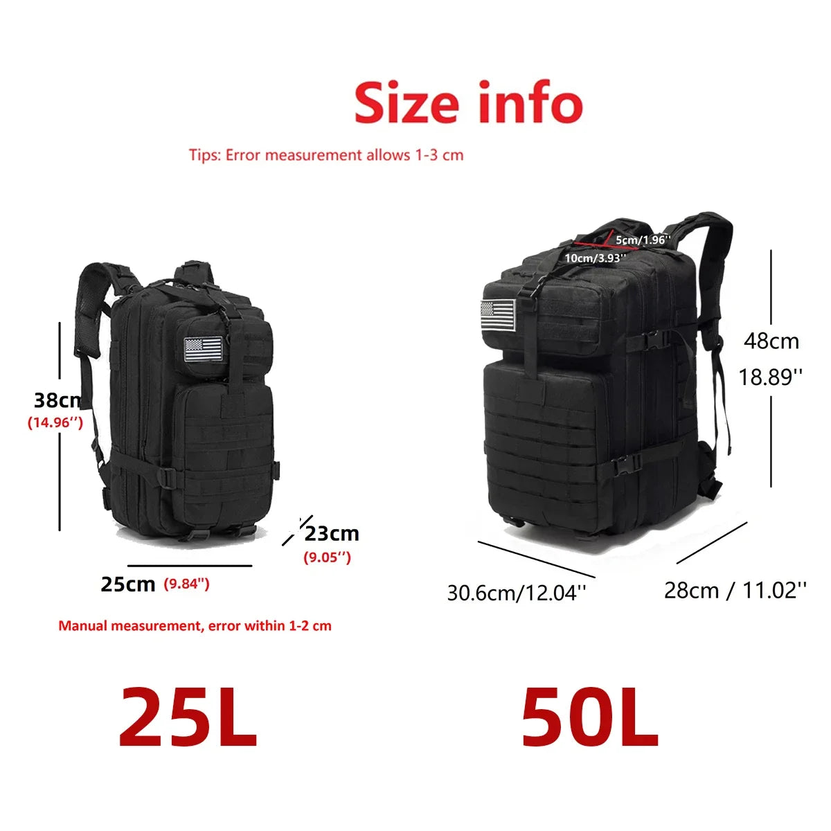 Sac à dos 25L/50L imperméable, nylon 1000D, multi-activités - randonnée, camping, chasse, pêche, trekking