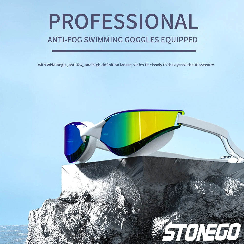 Lunettes de natation professionnelles antibuée avec lentille grand angle HD, ajustement confortable, pont de nez réglable, design élégant