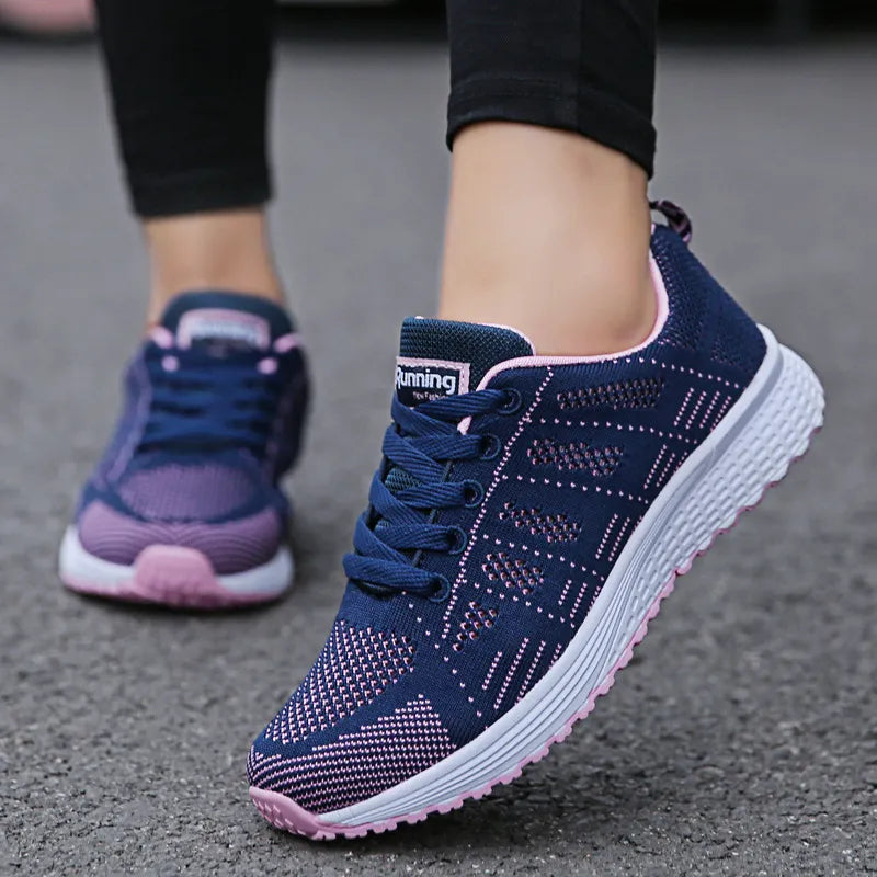  Femme - Chaussures Baskets plates en maille pour femmes, blanches, décontractées, respirantes, pour la marche et la Gym 