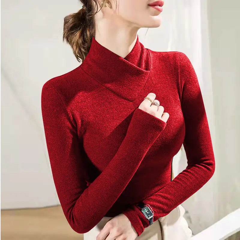 Femme - manches longues, col mi-haut, sous-couche, optique de superposition, velours fin, fibre chauffante