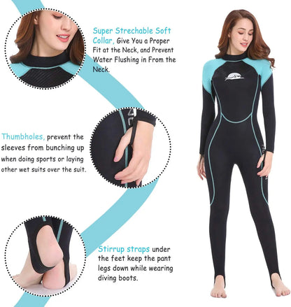 Combinaison humide complète en néoprène pour femmes, 2mm, pour plongée, Snorkeling, surf, natation, canoë dans l'eau froide, sangle arrière à fermeture éclair