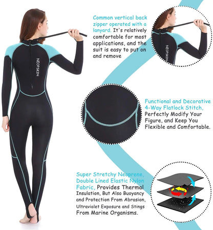 Combinaison humide complète en néoprène pour femmes, 2mm, pour plongée, Snorkeling, surf, natation, canoë dans l'eau froide, sangle arrière à fermeture éclair