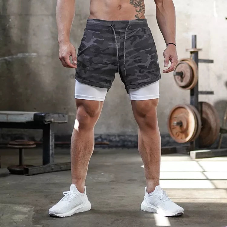 Homme - Short de course camouflage 2 en 1, entraînement, gym, fitness, jogging