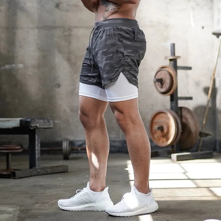 Homme - Short de course camouflage 2 en 1, entraînement, gym, fitness, jogging