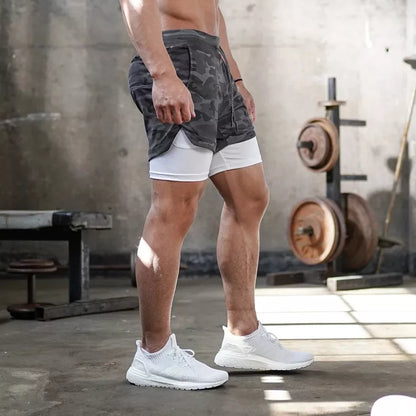 Homme - Short de course camouflage 2 en 1, entraînement, gym, fitness, jogging