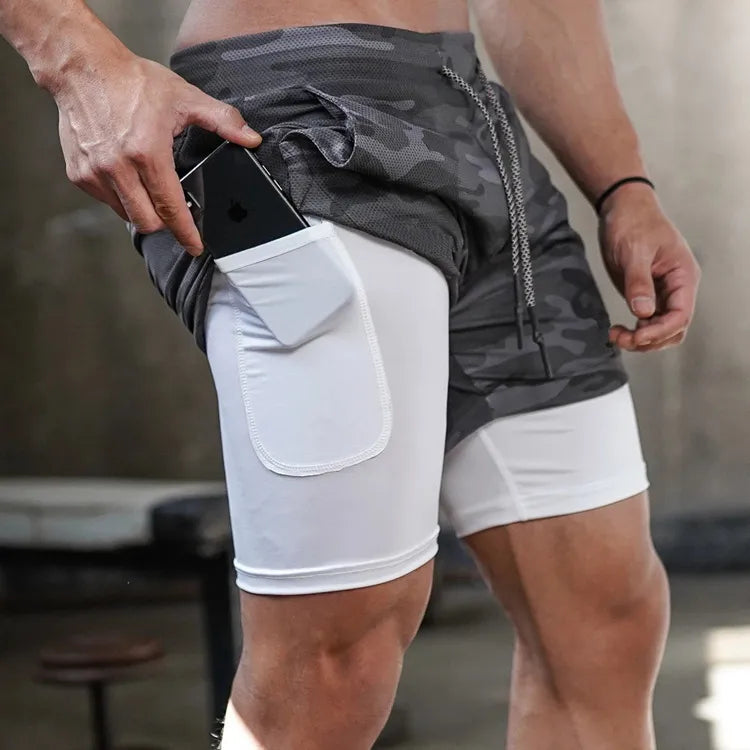 Homme - Short de course camouflage 2 en 1, entraînement, gym, fitness, jogging