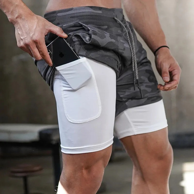 Homme - Short de course camouflage 2 en 1, entraînement, gym, fitness, jogging