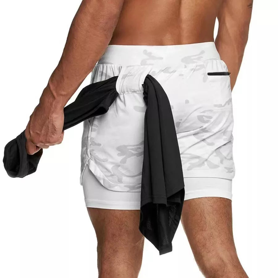 Homme - Short de course camouflage 2 en 1, entraînement, gym, fitness, jogging
