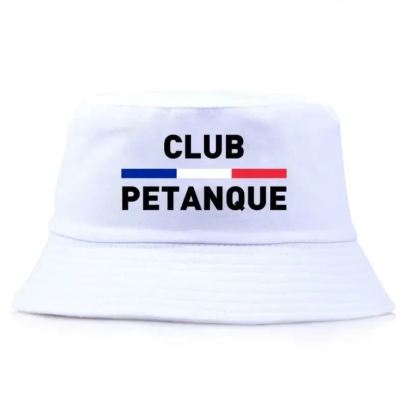 Unisex white French petanque club hat with French flag design and text "Club Petanque" on the front.