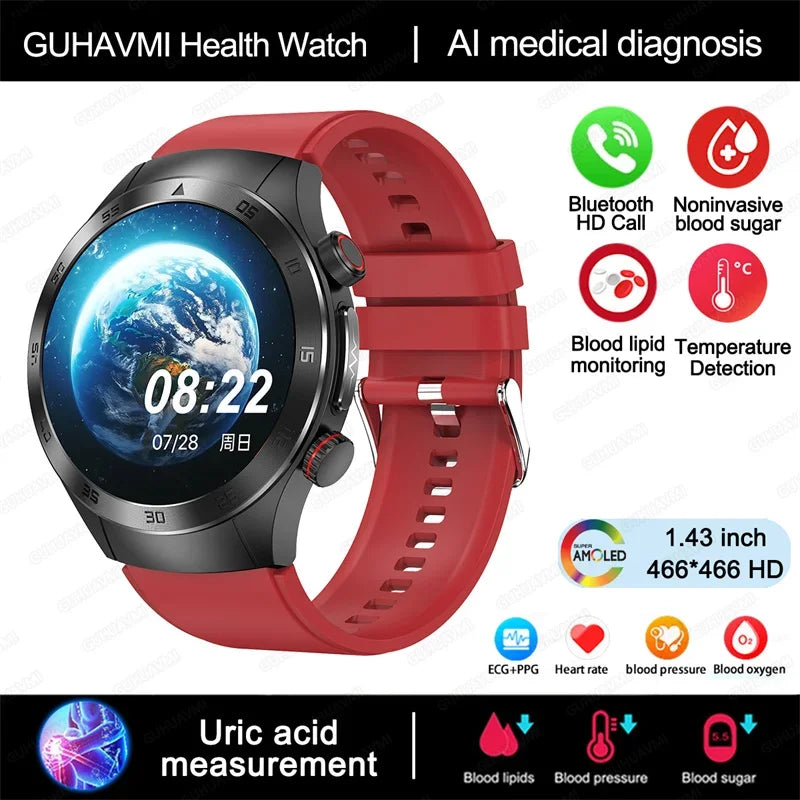 Montre intelligente de sport de santé, professionnelle, luxe, mesure sucre dans le sang, lipides, acide urique, pression artérielle, appel BT, montre intelligente, haute qualité