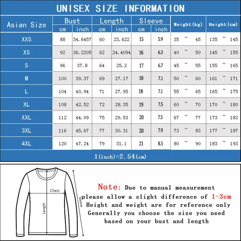 Unisex size chart for t-shirt showing bust, length, sleeve measurements in cm and inches, plus weight and height guides for sizes XXS to 4XL.