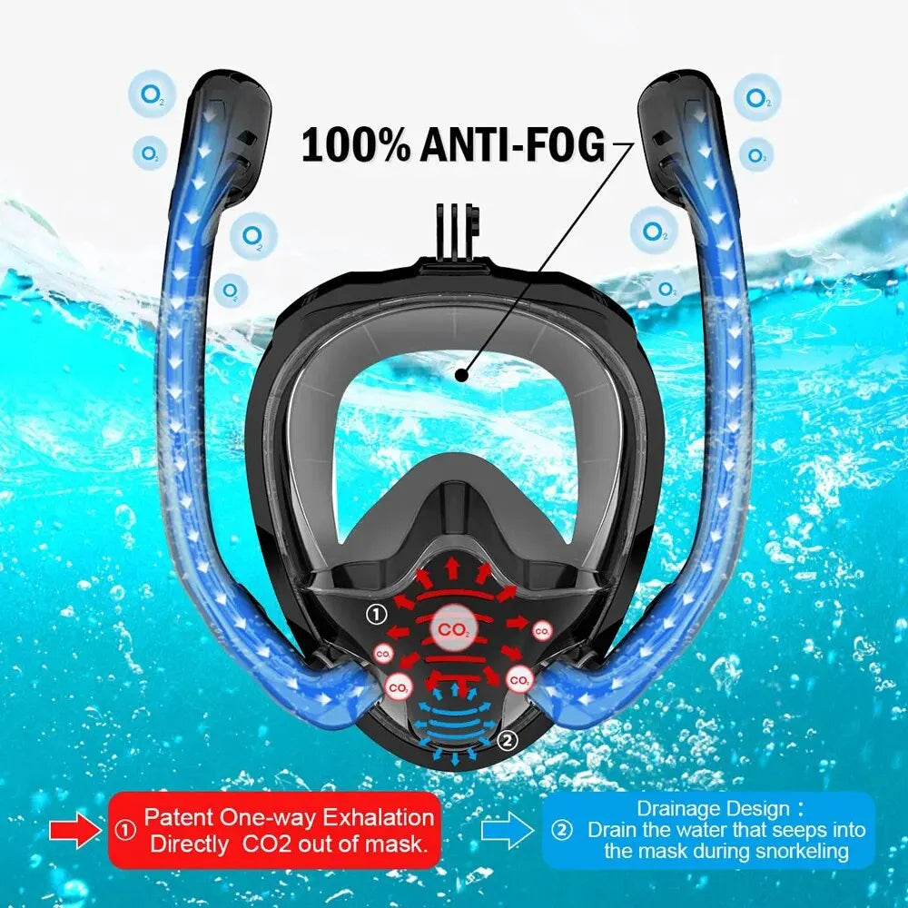 Masque de compétitivité intégral en silicone, vue de gardien à 180 °, dessus sec, lunettes de plongée en apnée, lunettes de natation avec 2 tubas, anti-buée, anti-lumière