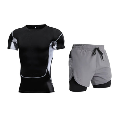 Ensemble de Fitness moulant pour hommes, survêtement à manches courtes à séchage rapide, faux Short de deux pièces, vêtements de gymnastique respirants