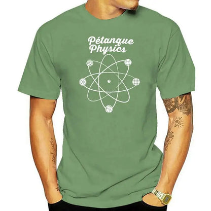 Green t-shirt with "Pétanque Physics" print for men and women, high quality and affordable, guaranteed satisfaction, free delivery.