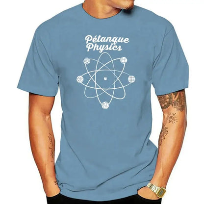 Man wearing blue pétanque-themed T-shirt with "Pétanque Physics" design for men and women