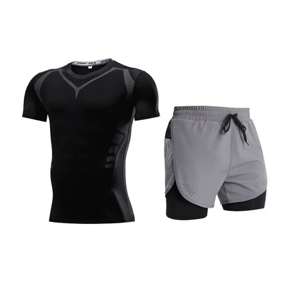 Ensemble de Fitness moulant pour hommes, survêtement à manches courtes à séchage rapide, faux Short de deux pièces, vêtements de gymnastique respirants