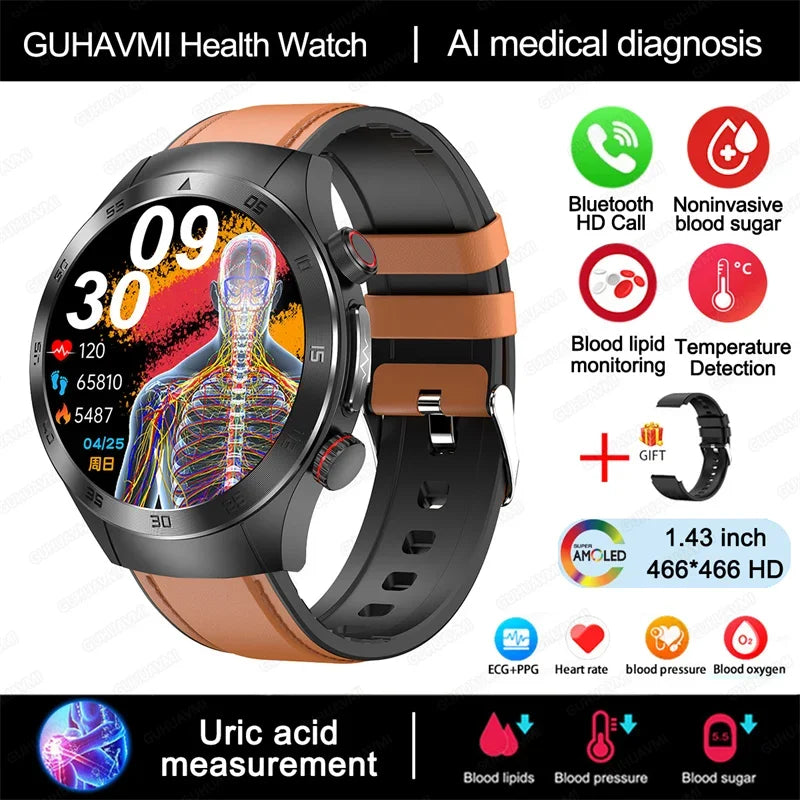 Montre intelligente de sport de santé, professionnelle, luxe, mesure sucre dans le sang, lipides, acide urique, pression artérielle, appel BT, montre intelligente, haute qualité