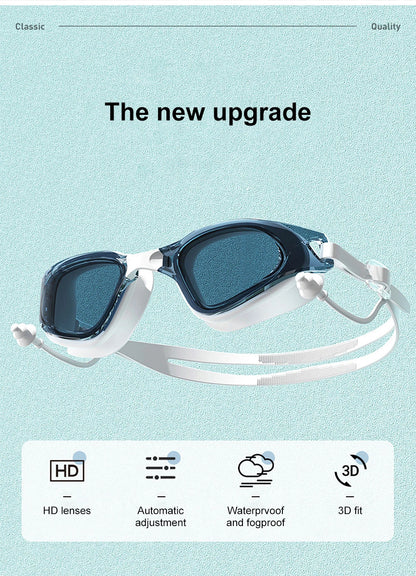 Lunettes de natation HD anti-buée pour adultes, ensemble étanche en silicone, avec bouchons d'oreille, anti-UV