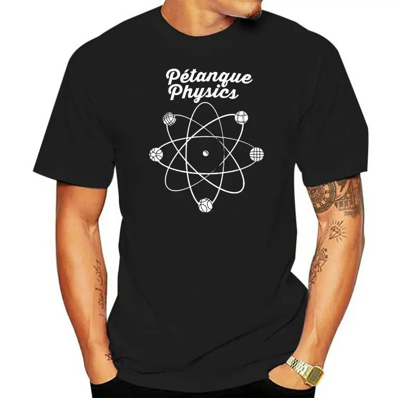 T-shirt imprimé de pétanque physics pour hommes et femmes en noir, excellente qualité et bon rapport qualité / prix.