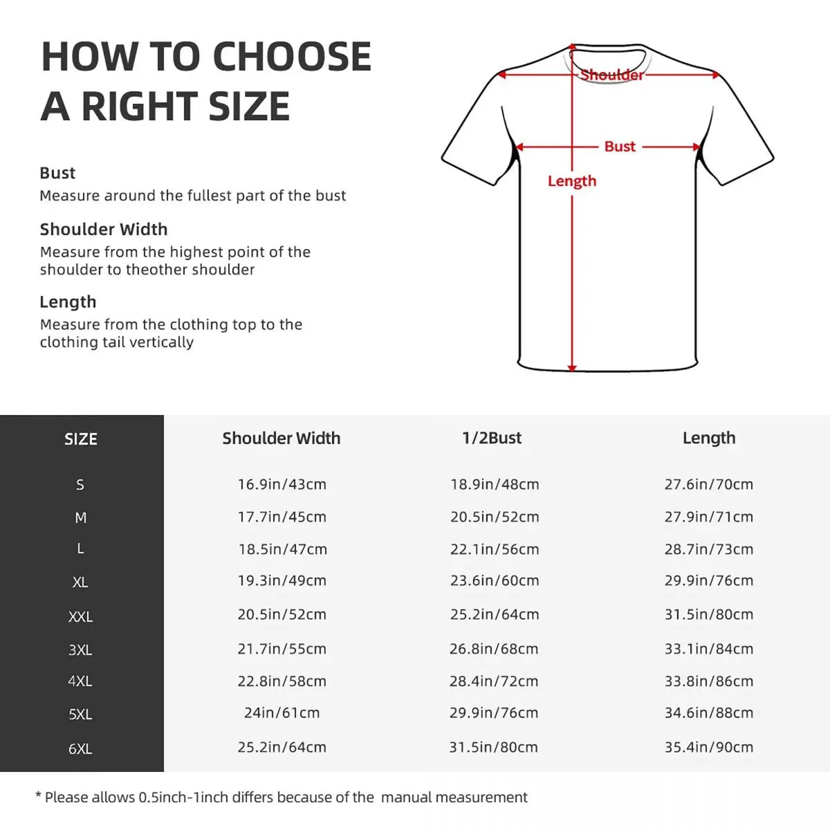 T-shirt sizing chart showing measurements for bust, shoulder width, and length in both inches and centimeters for sizes S to 6XL.