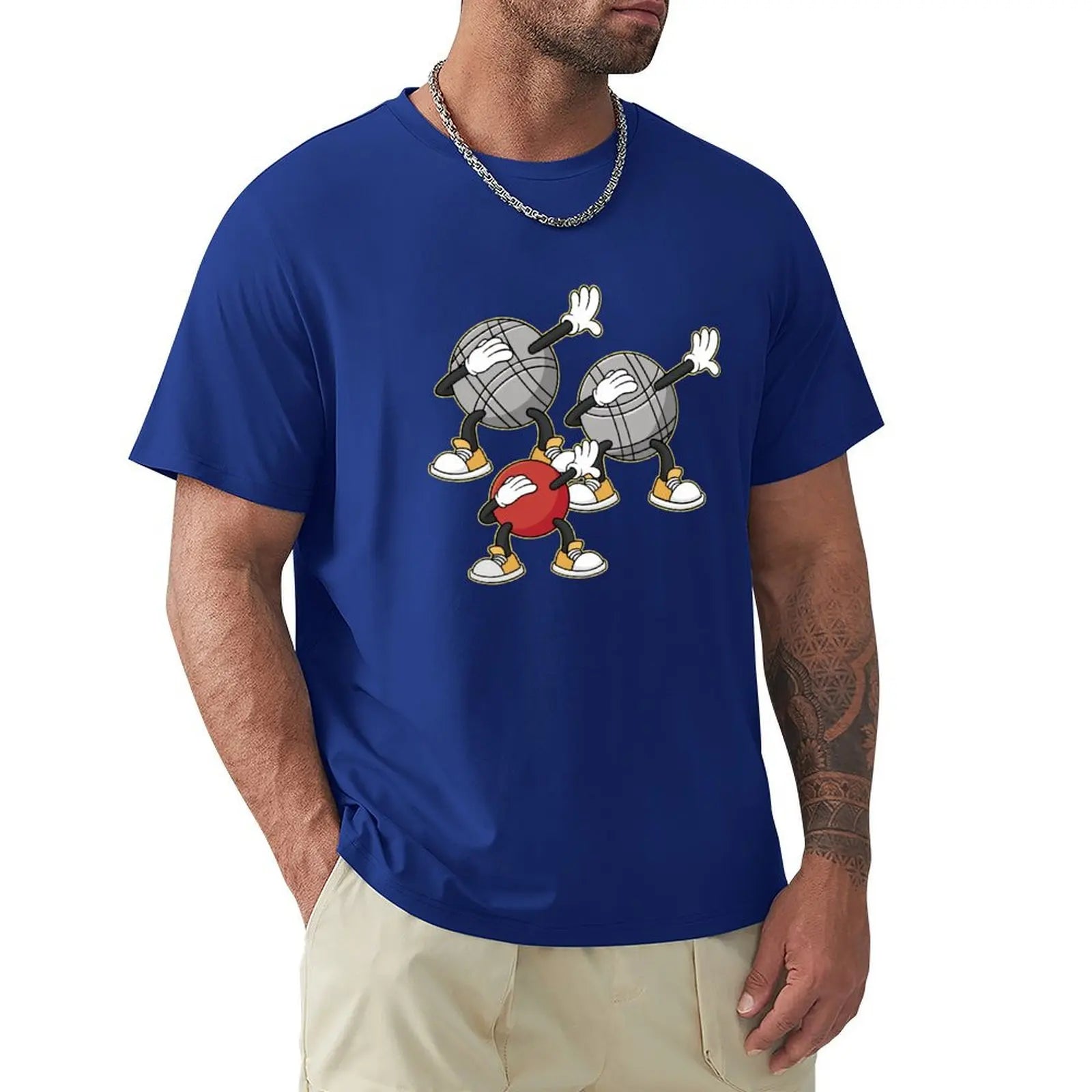 Blue T-shirt nouvelle édition with cartoon pétanque balls design, excellent quality, free shipping within 3 to 8 days