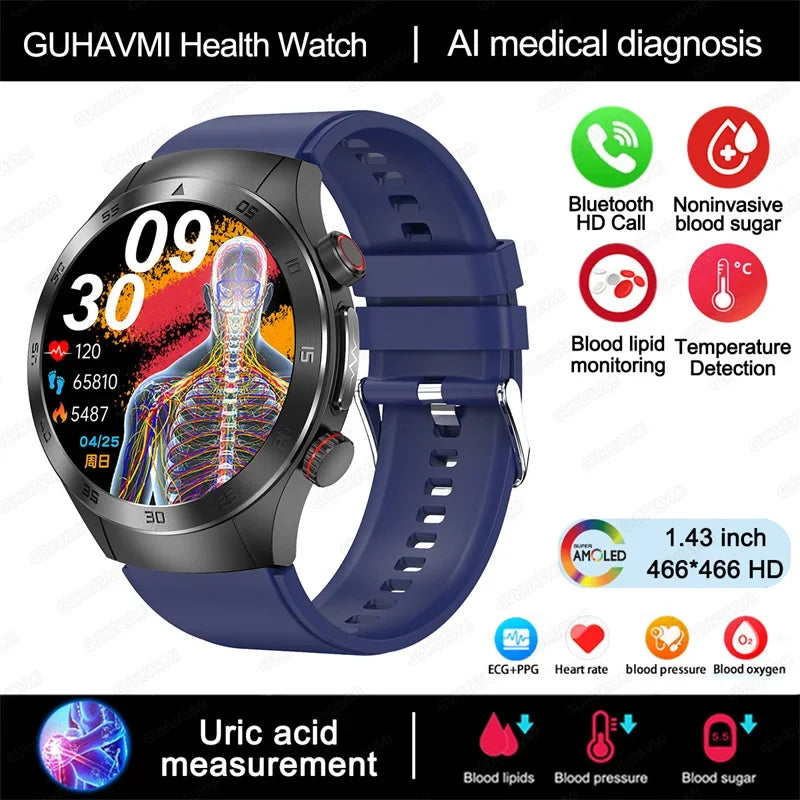 Montre intelligente de sport de santé, professionnelle, luxe, mesure sucre dans le sang, lipides, acide urique, pression artérielle, appel BT, montre intelligente, haute qualité