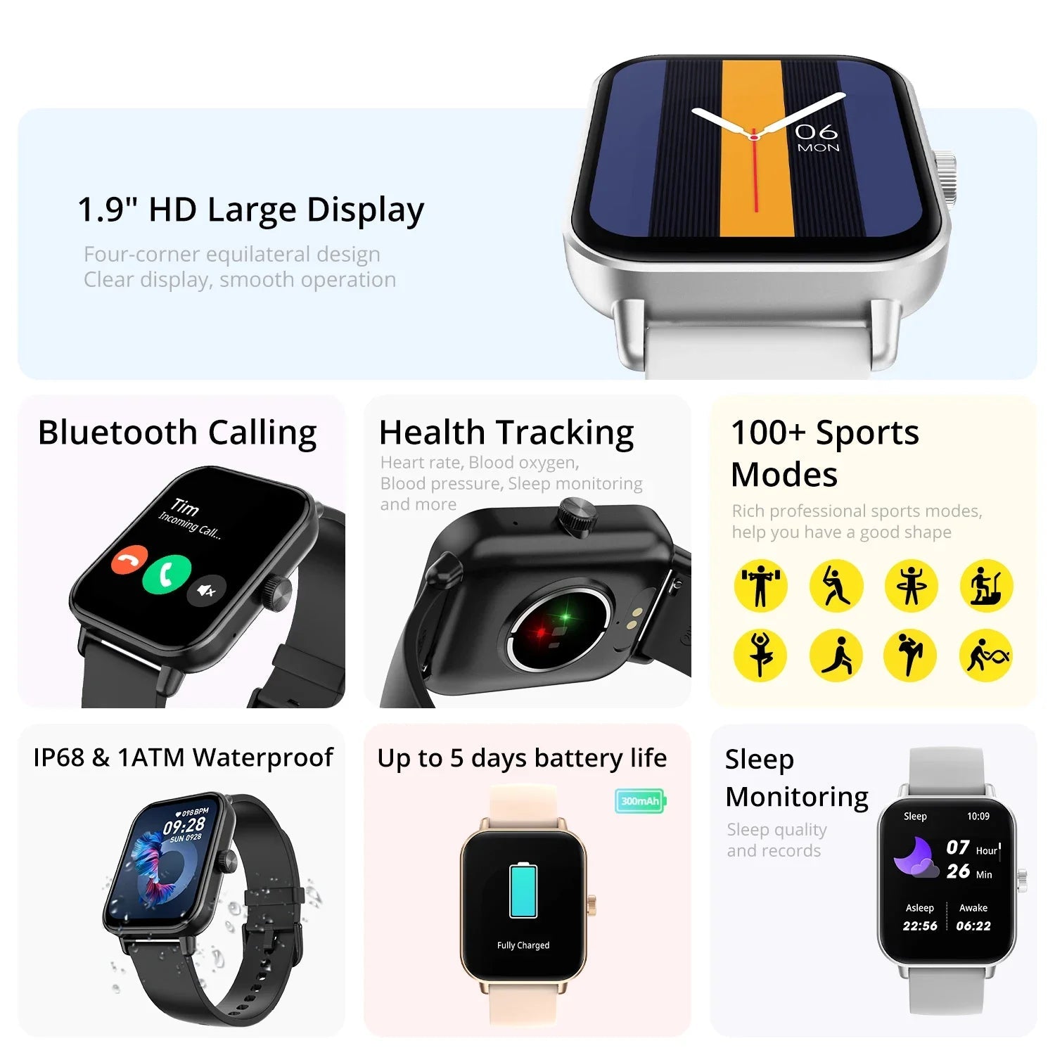 Montre intelligente Ultra 1.9 pouces , moniteur de santé plus de 100 Modes sportifs. SportMix