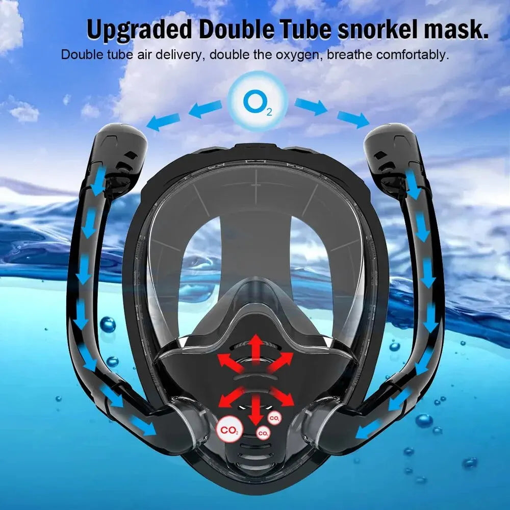 Masque de compétitivité intégral en silicone, vue de gardien à 180 °, dessus sec, lunettes de plongée en apnée, lunettes de natation avec 2 tubas, anti-buée, anti-lumière