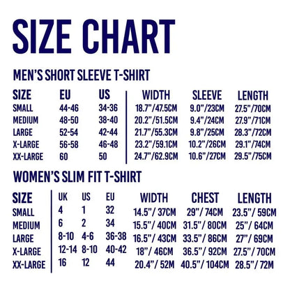 Men's and women's t-shirt size chart with measurements in EU and US sizes, includes width, sleeve, chest, and length dimensions.